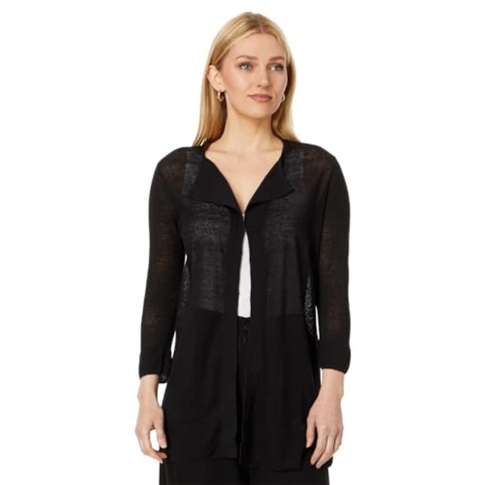 NIC+ZOE Women's Featherweight Linen Blend Flyaway Black Cardigan Size XS